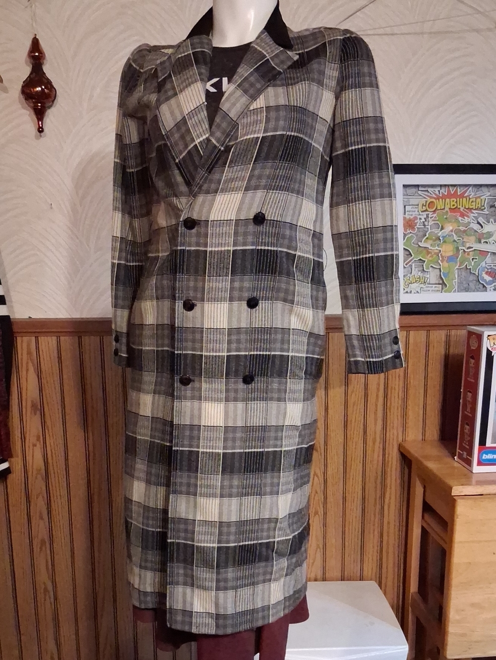 Plaid Double-Breasted Long Coat in Black & Cream